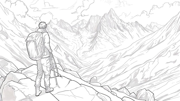 Photo a sketch of a man on a mountain with mountains in the background