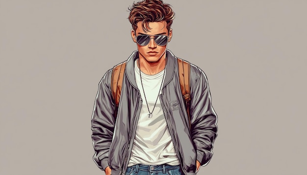 a sketch of a man with sunglasses and a backpack