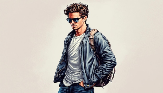 a sketch of a man with sunglasses and a backpack