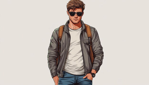 a sketch of a man with sunglasses and a backpack