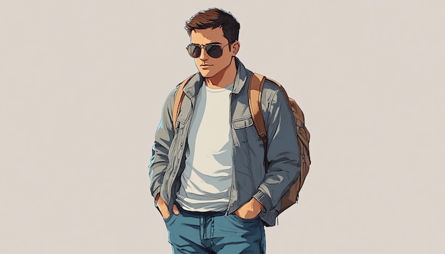 a sketch of a man with sunglasses and a jacket that says quot