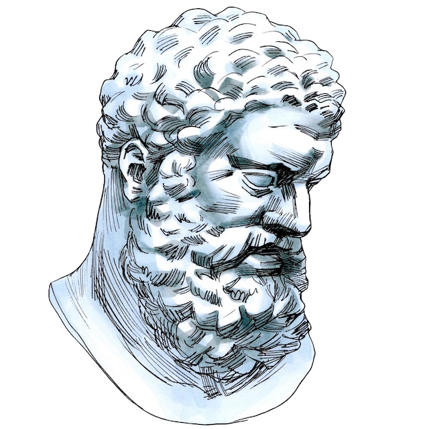 Sketch markers illustration of ancient greek sculpture Bust of the ancient Greek hero Hercules