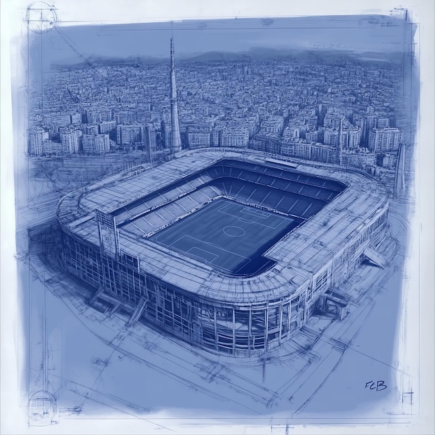 Photo sketch of a modern football stadium on the background of the city