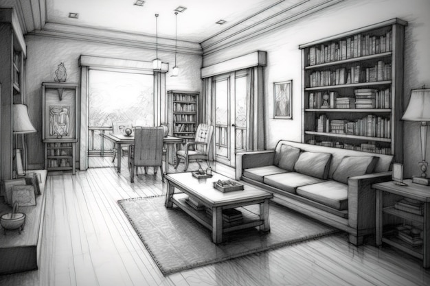 Sketch of a modern room with furniture black and white interior design