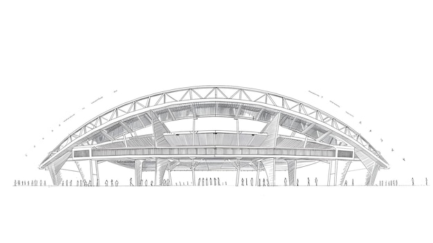 Photo sketch of a modern stadium with a curved roof and structural support beams