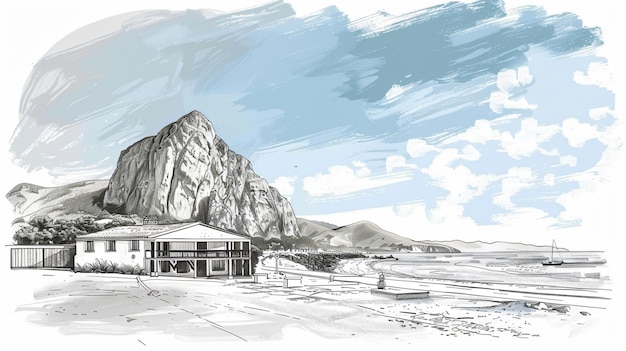 a sketch of a mountain with a view of the mountains in the background