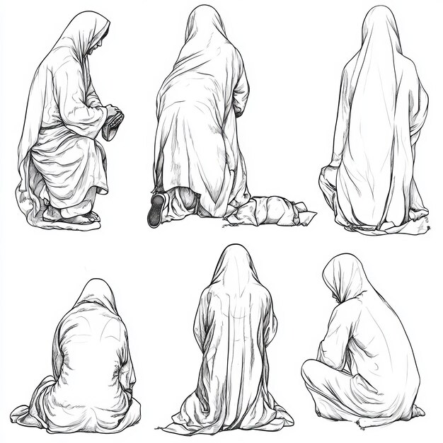 Photo sketch of a muslim woman in different poses vector illustration