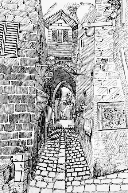 Sketch of old city drawing by hand with ink on white paper