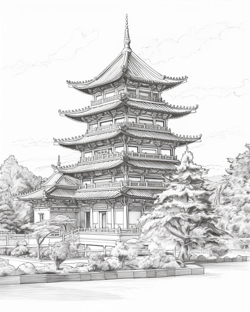 Photo sketch of the pagoda in black white