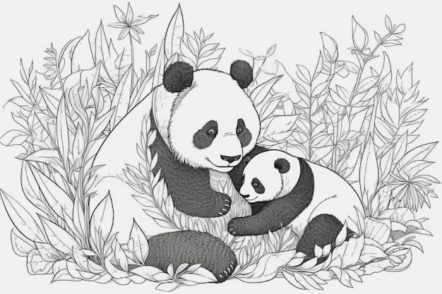 A sketch of a panda and her cub.