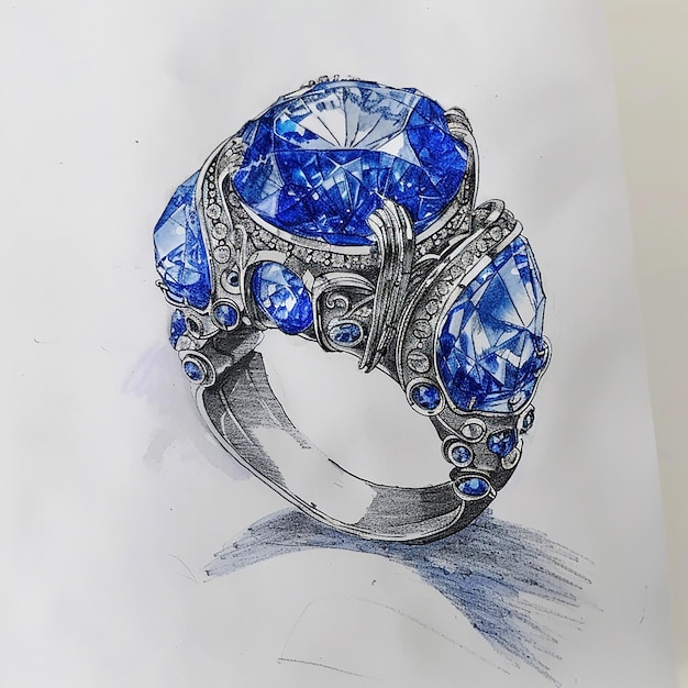 Photo a sketch on paper of a blue sapphire ring in the style of handpainted details grandiose color sch