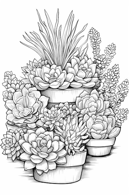 A sketch of a planter with succulents and other plants.