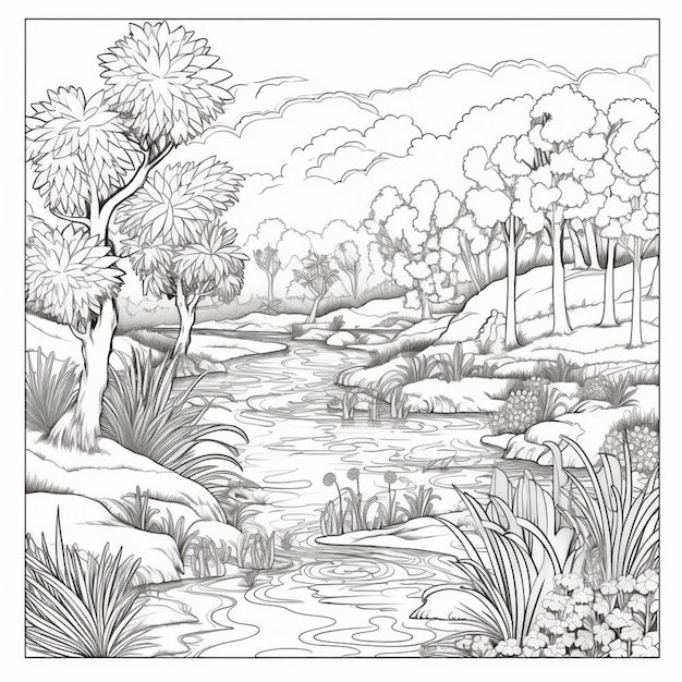 A sketch of a river with a forest and trees in the background.