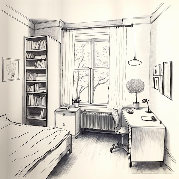 Sketch of a room in black and white