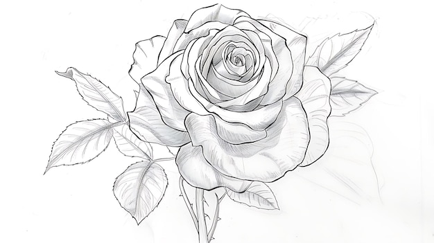 a sketch of a rose with leaves and a pen