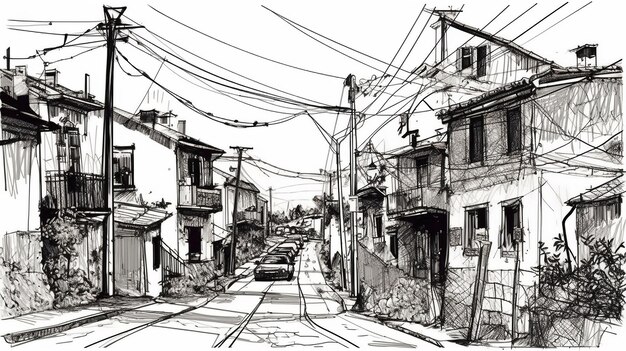 A sketch of a street with a car parked on the street.