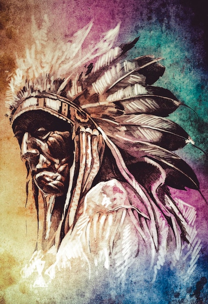 Sketch of tattoo art, indian head over colorful background