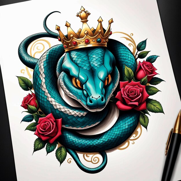 sketch of a tattoo of a snake with a golden crown on its head