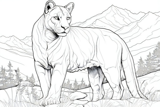 Sketch of a tiger in the mountains on a white background