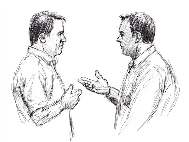 Sketch of two men in conversation hand gestures and expressive communication