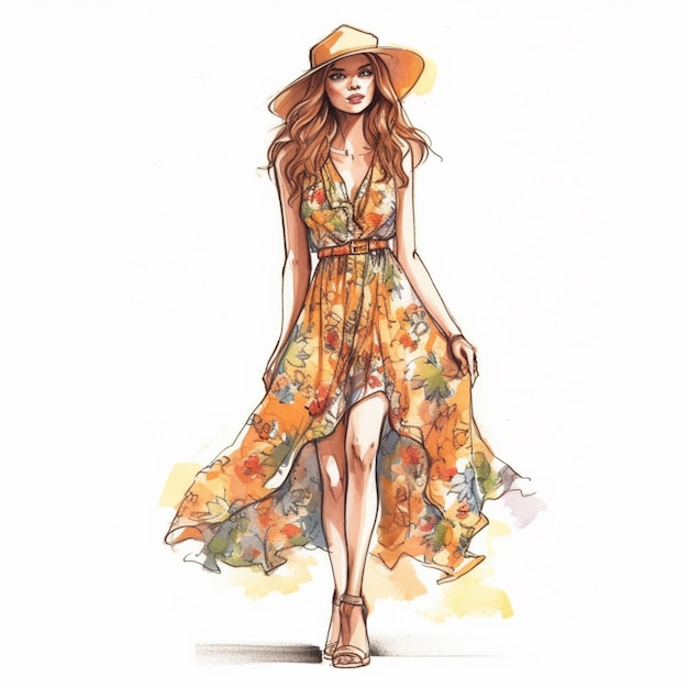 A sketch of a woman wearing a sun hat and a dress that says'i love summer '