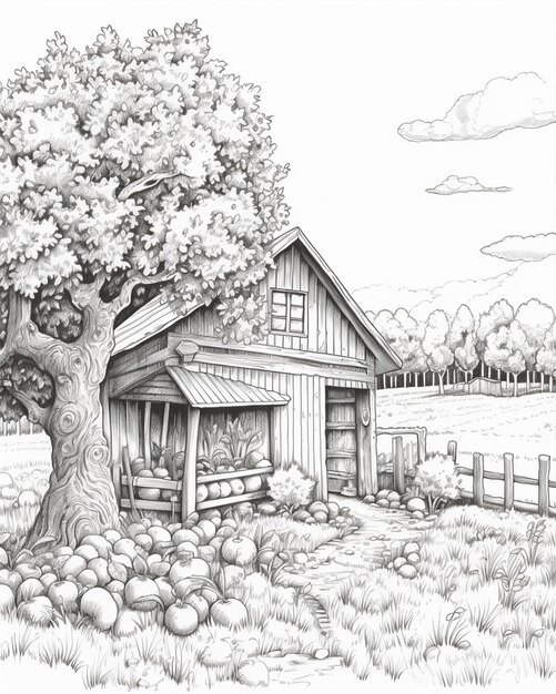 Photo sketch of wooden barn and trees outside