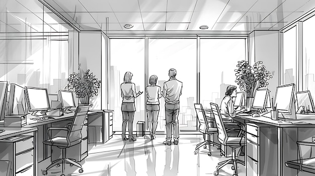 Photo sketches of a group of people standing in an office with computers