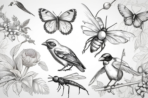 Photo sketches insects and birds background