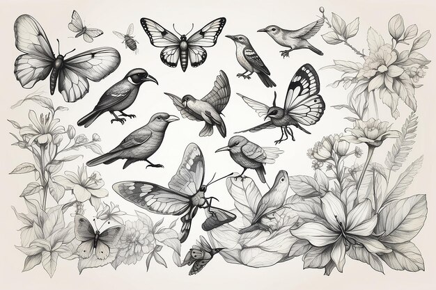 Photo sketches insects and birds background