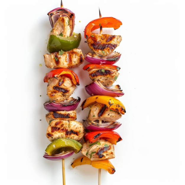 A skewer of grilled chicken kebabs with colorful bell peppers and onions isolated on white