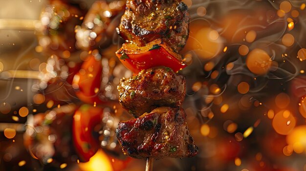 Photo skewer of grilled meat vegetables juicy charred textures barbecue background