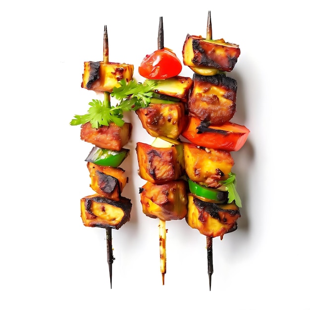 A skewer of grilled paneer tikka with vegetables on a white background