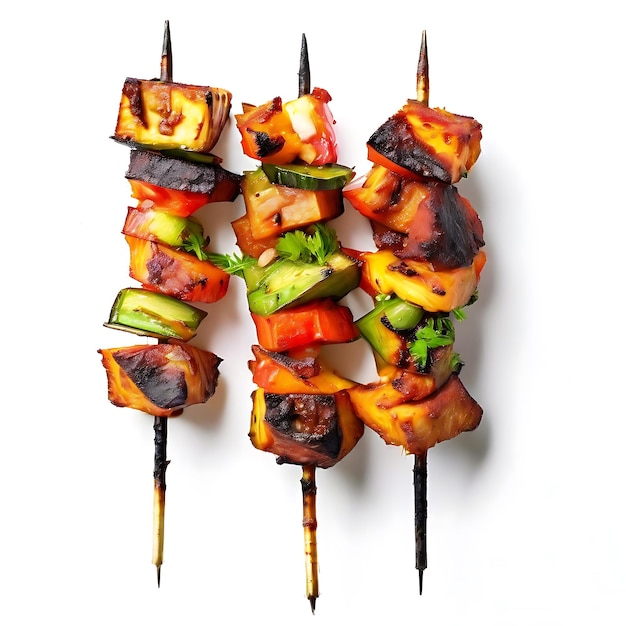 A skewer of grilled paneer tikka with vegetables on a white background