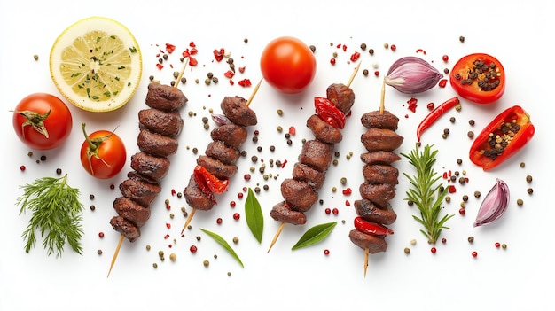 Skewers of grilled meat and vegetables garnished with herbs and spices arranged on a white backgroun