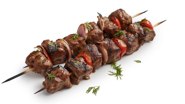 Skewers of grilled meat with tomatoes onions and herbs arranged neatly on a white background showcas