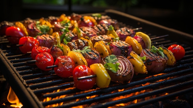 Skewers of meat and vegetables sizzling on the grill xA