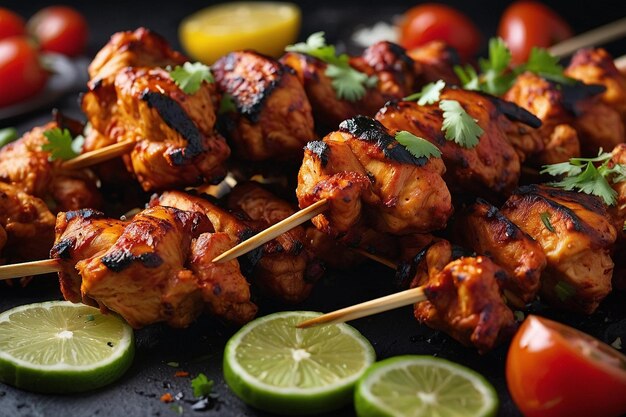 Skewers of tandoori chicken with charred edges