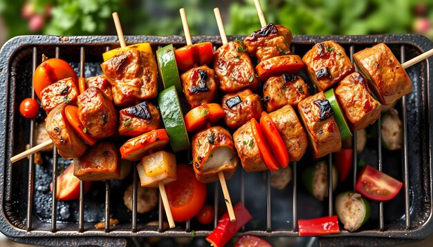 Skewers with meat and vegetables shashlik on a grill isolated on top view isolated with white