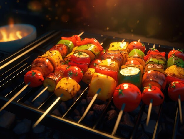 Skewers with Vegetables on a grill closeup shot