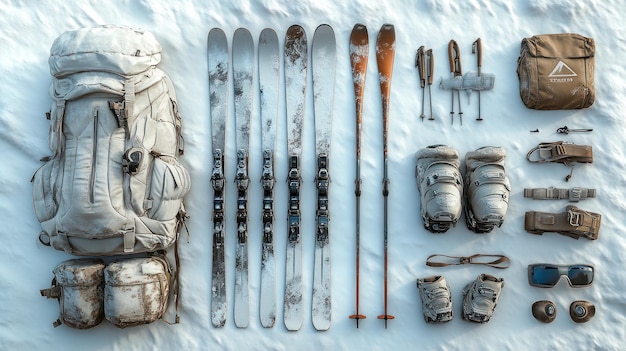 Photo ski equipment and backpack arranged on snow for winter sports