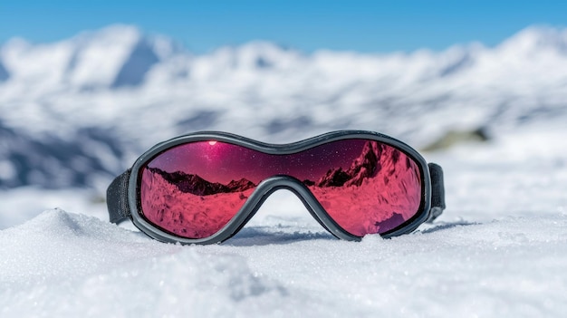 Photo ski goggles reflecting snowy mountain landscape