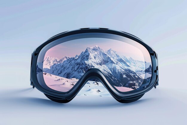 Ski Goggles with Reflection of Mountains Against a Scenic Snowy Mountain Background