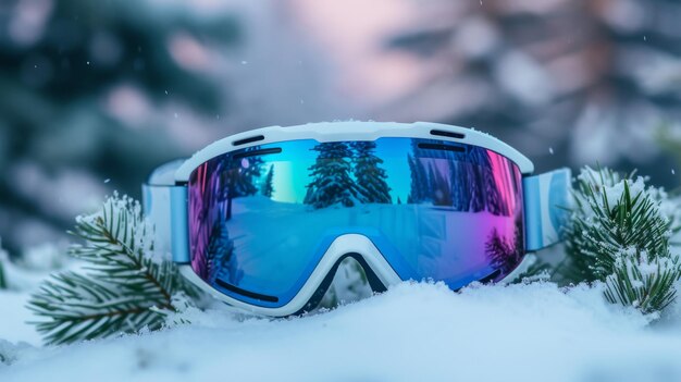 Photo ski goggles with reflection of snowy forest in winter