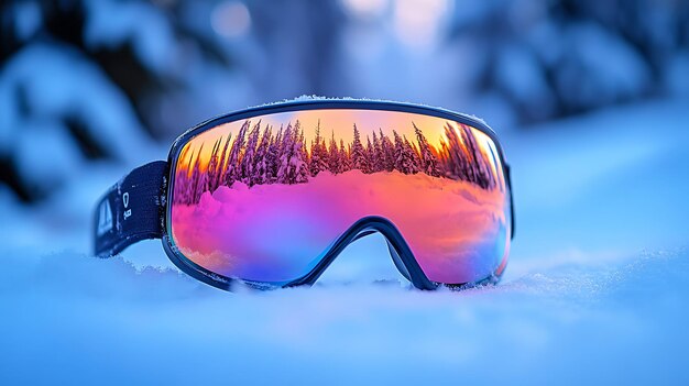 Photo ski goggles with a snowy forest reflected in the lenses lying in fresh snow