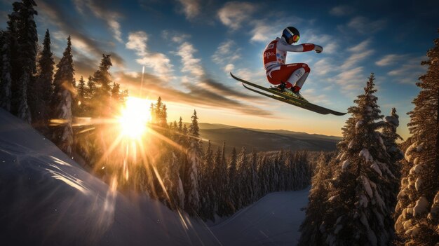 Ski jump among evergreens