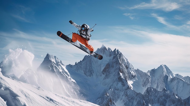 Ski jumper launches against rugged mountain range