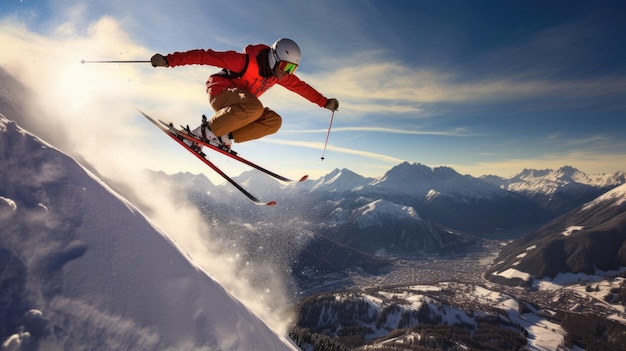 Ski jumper's daring maneuver against mountain backdrop