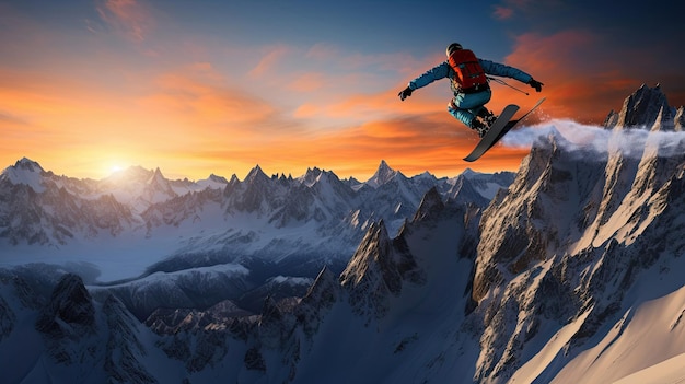 Ski jumper soars amid mountain peaks at dawn