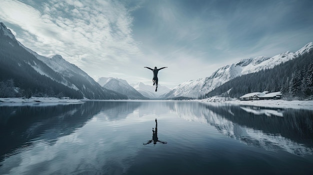 Ski jumper takes flight on serene frozen lake