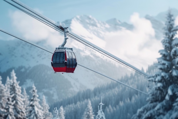 Ski lift with red and black caboose is suspended above snowy mountain